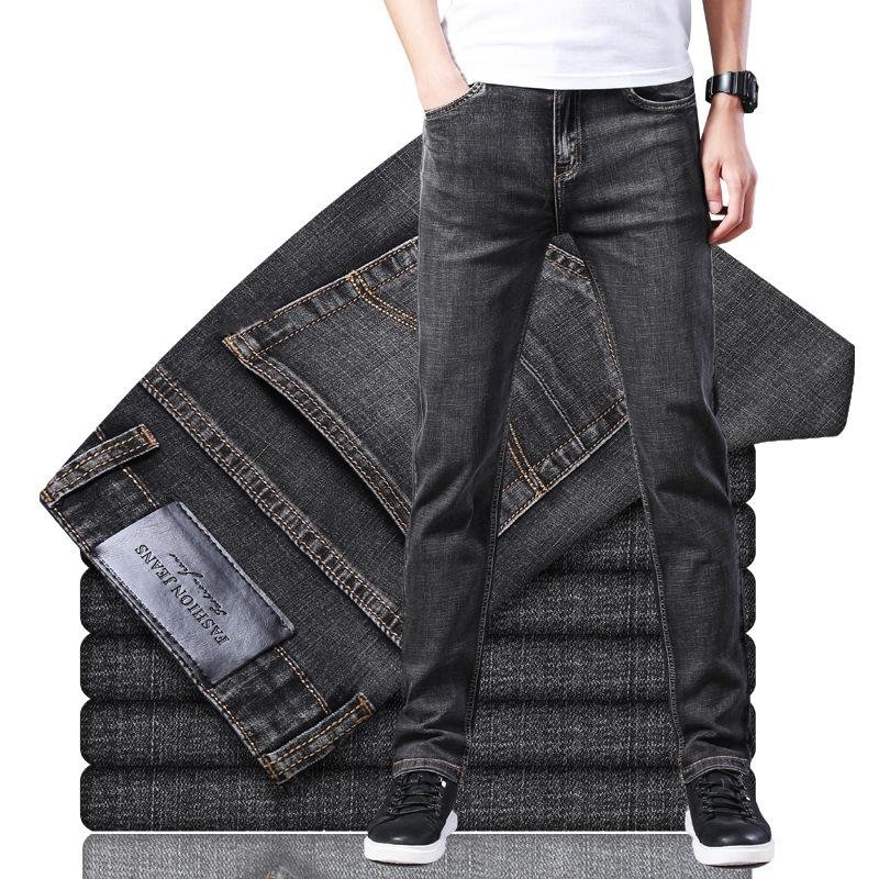 Autumn Winter New Classic Style Men Grey Jeans Business Fashion Soft Stretch Denim Trousers Male Brand Fit Pants Black Blue