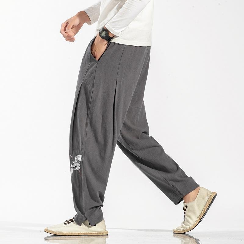 Chinese Style Mens Vintage Wide Leg Pants Male Oversize Loose Embroidery Trousers Men Spring New Elastic Harem Pants