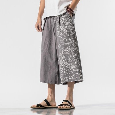 Men Printed Chinese Style Summer Casual Pants Mens Cotton Wide Leg Loose Trousers Male Oversize Calf Length Pants