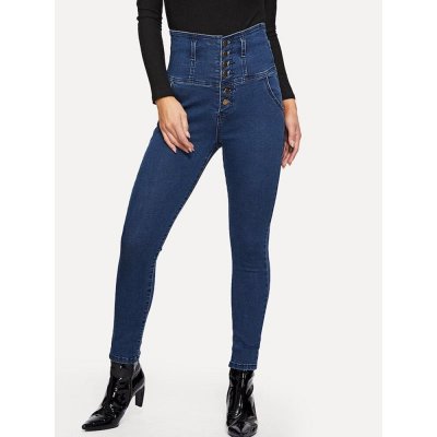 Boutique stretch slim high waist jeans dark blue light blue 8 high breasted button jeans for women All seasons