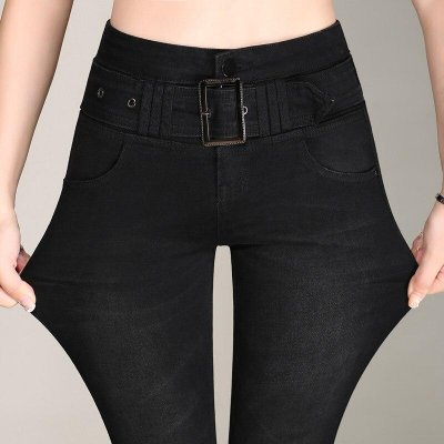 High Waist Flare Jeans Woman Casual Belt Denim Trousers Ladies Plus Size Stretch Skinny Black Bell Bottom Jeans For Women