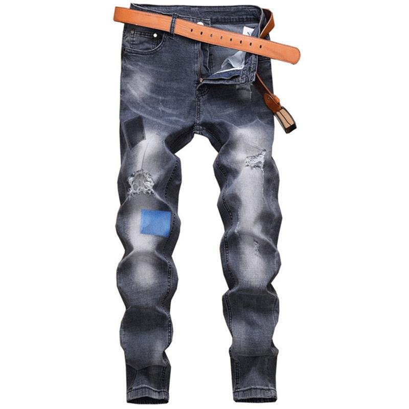 Summer Autumn Fashion Vintage Men Ripped Jeans Hip Hop Pants Slim Streetwear Destroyed Print Hole Casual Male Trousers